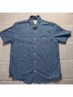 LL Bean Chambray Shirt Mens M Indigo Blue Stretch Short Sleeve Traditional Fit